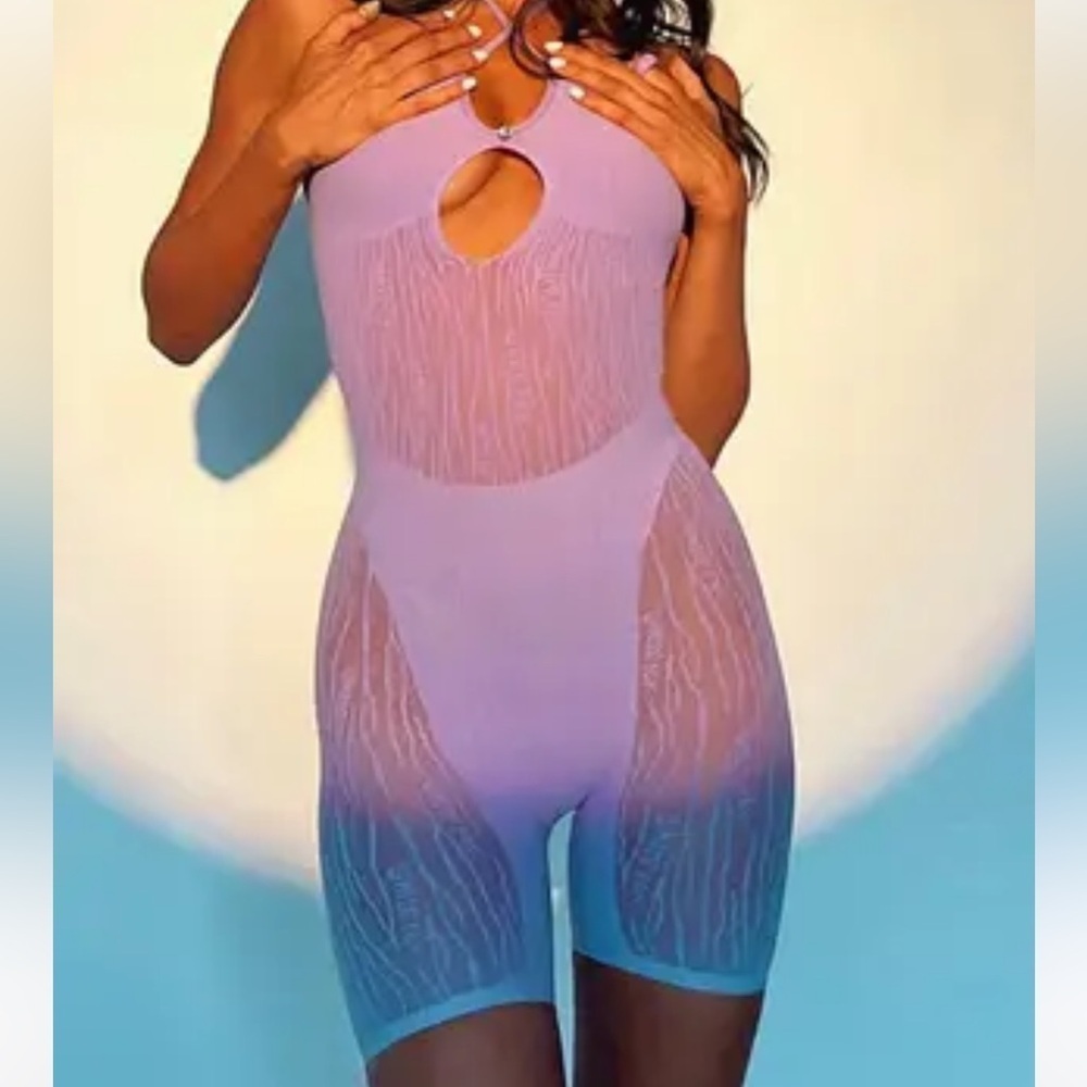 White Fox Keep Them Guessing Purple Stretch BodyCon Sheer Halter Romper OS NEW